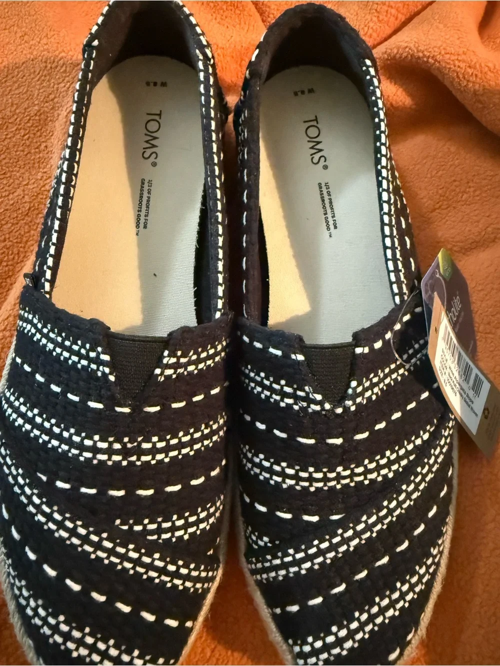 Toms Black & White Patterned Espadrille Slip-Ons